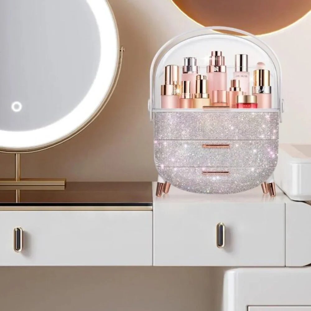 Oval Egg-Shaped Makeup Storage Box, Portable Vanity Organizer - Rhinestone White